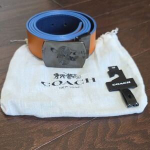 Coach Men's Reversible Leather Belt in Orange and Blue with Logo Buckle